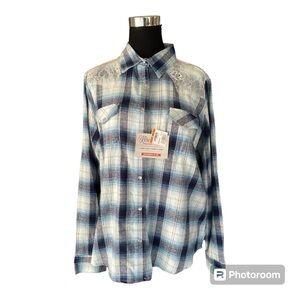 Wrangler Wrancher Shirt Womens XXL XXG Blue Plaid Pearl Snap Buttons White Lace